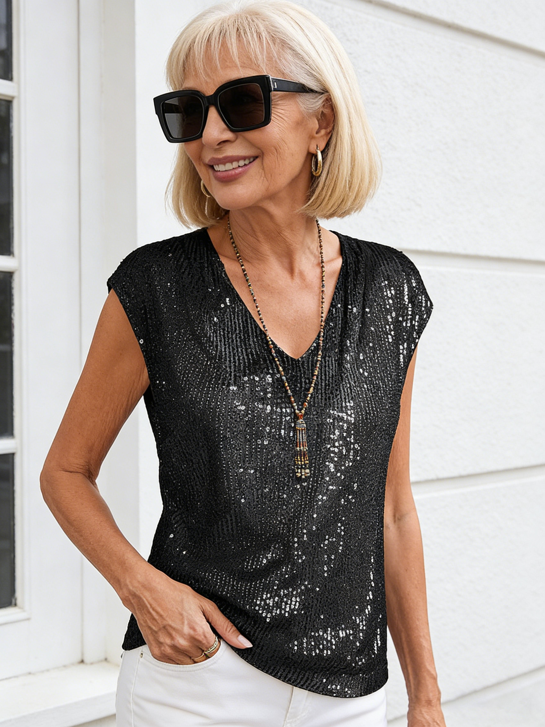 V-Neck Sequin Short Sleeve Ladies Shiny Tank Party Shirt