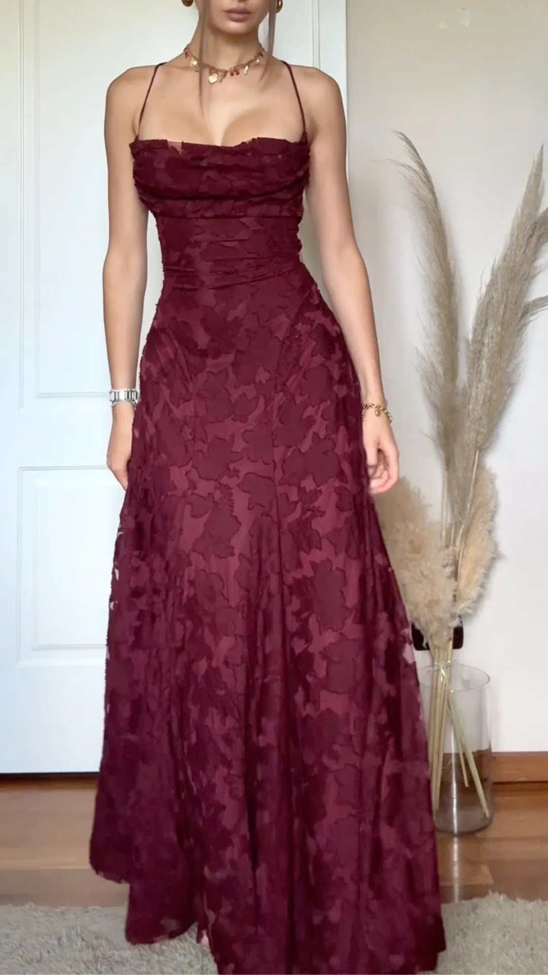 Floral Burnout Lace Spaghetti Strap Maxi Dress