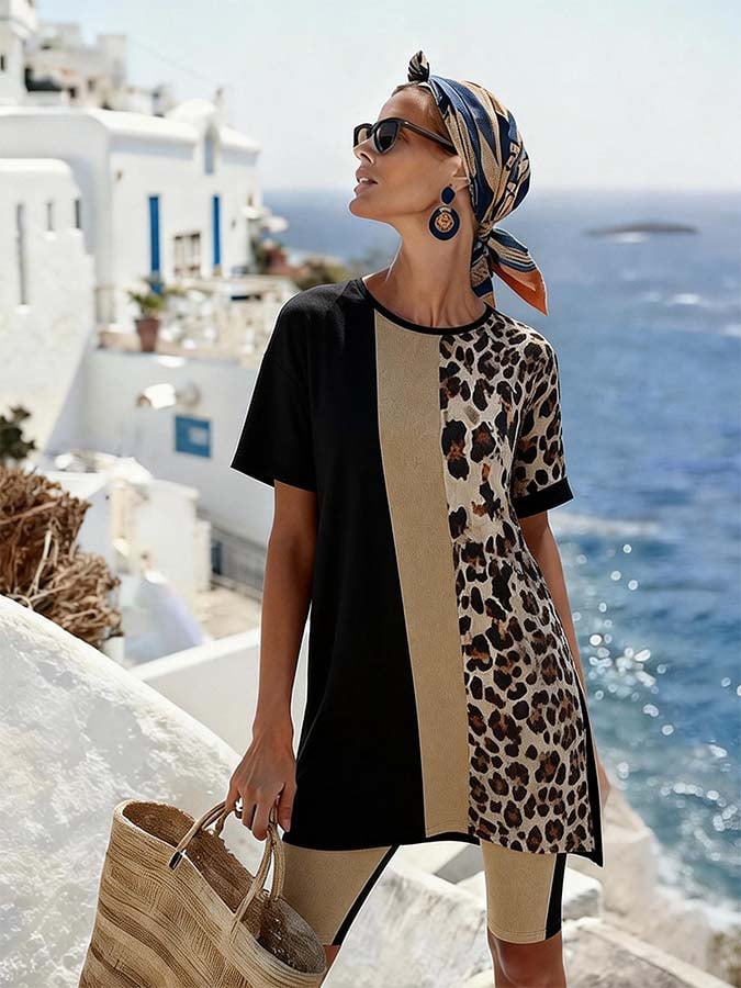 Women'S Casual Printed Short-Sleeved T-Shirt And Stretchy Pants Set