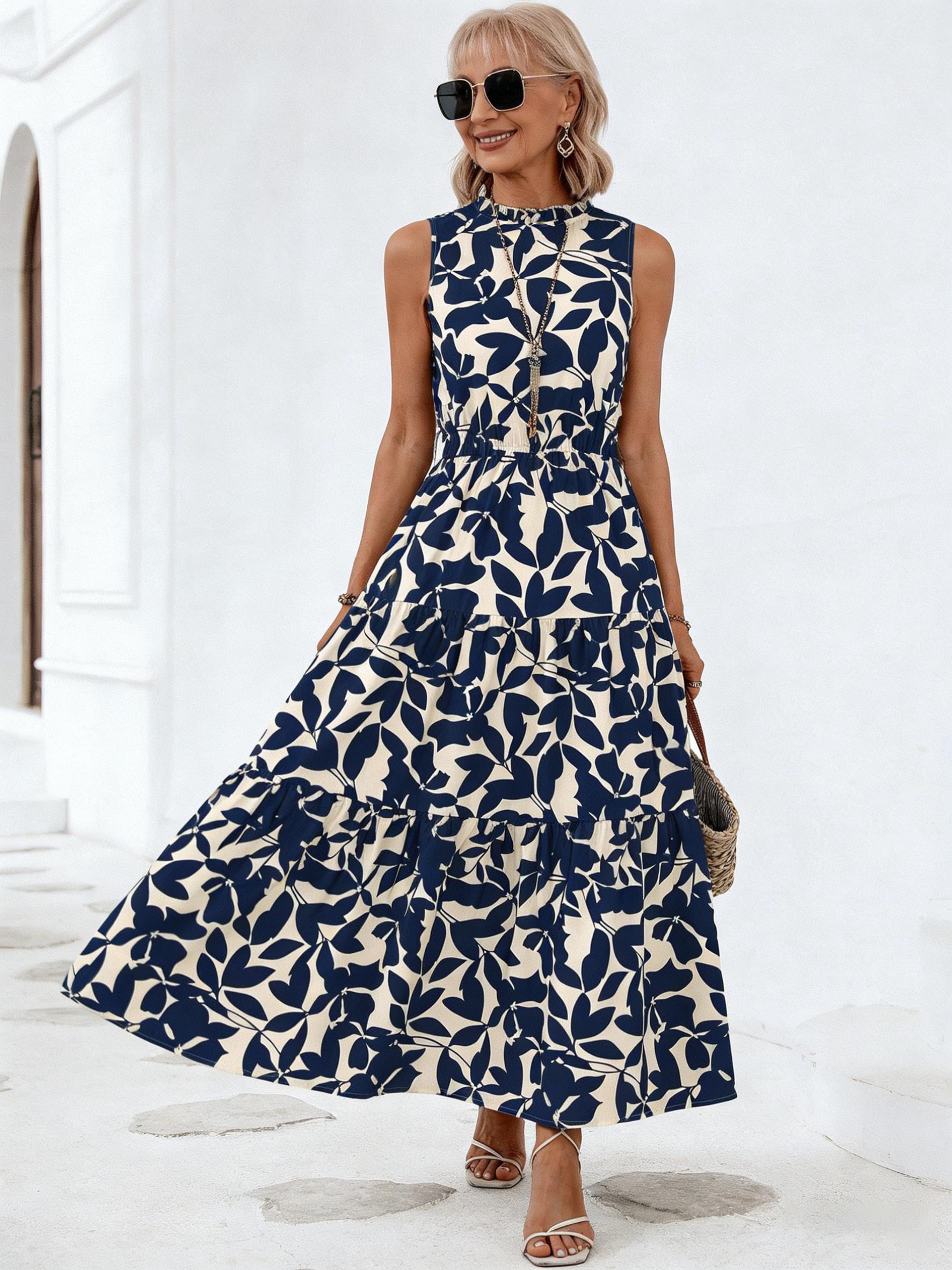 Vacation Fashion Fungus Edge Flying Sleeves Lace-Up Printed  Dress