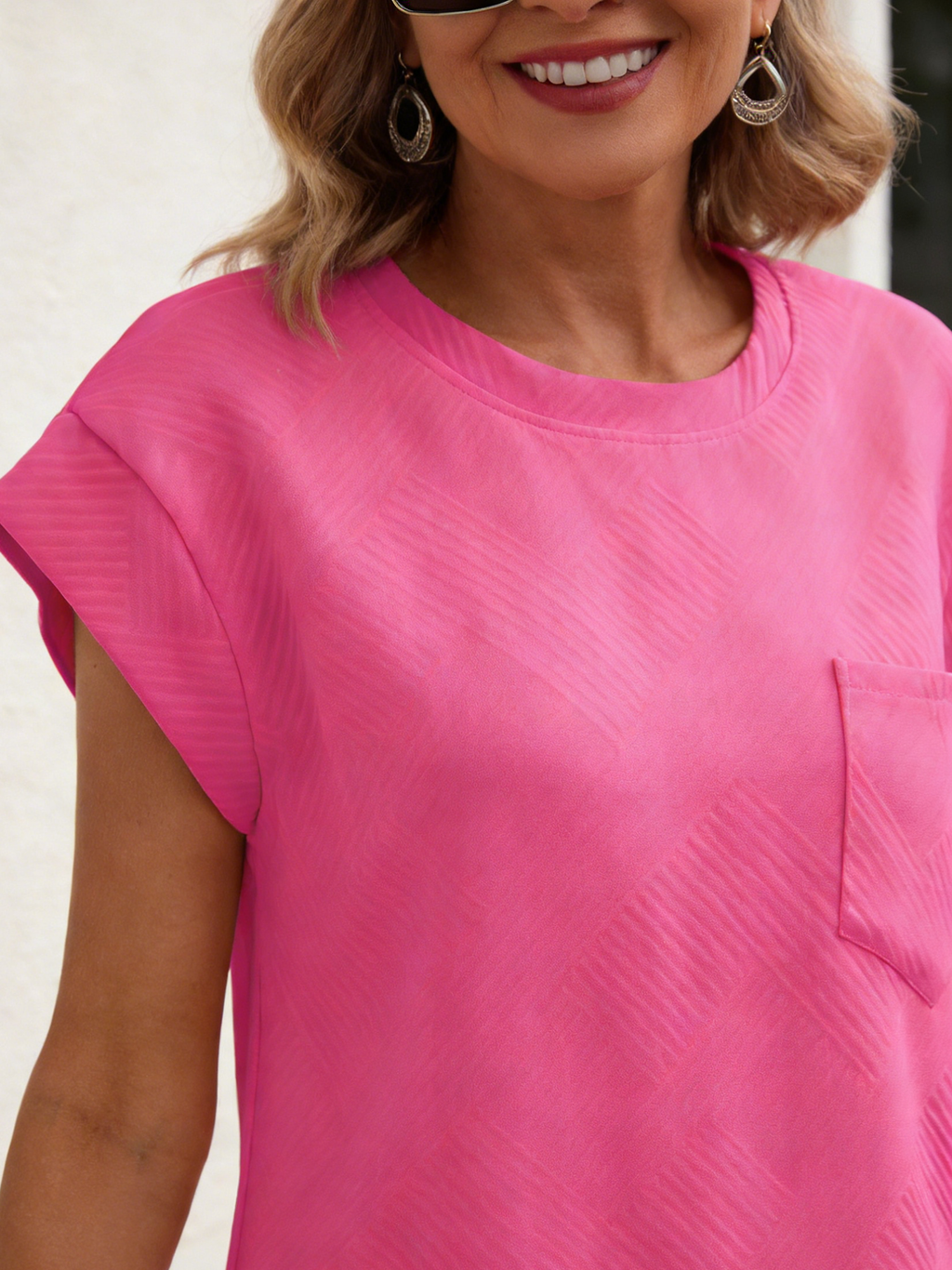Textured Fabric Casual Sport Crew Neck Pocket Short Sleeve Loose Dress