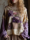 Boho Floral Embroidered Lace Patchwork Women's Linen Long Sleeve Shirt