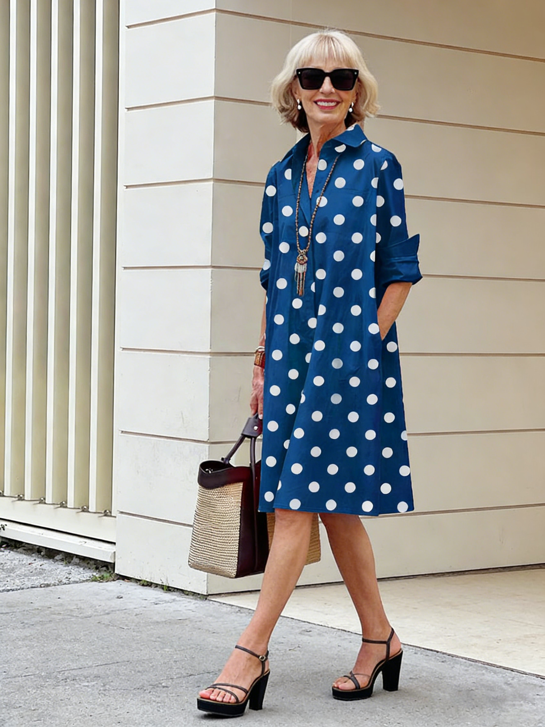 Holiday Bohemian Maxi DressDot Printed Mid-Length Long Sleeve Shirt Dress for Women
