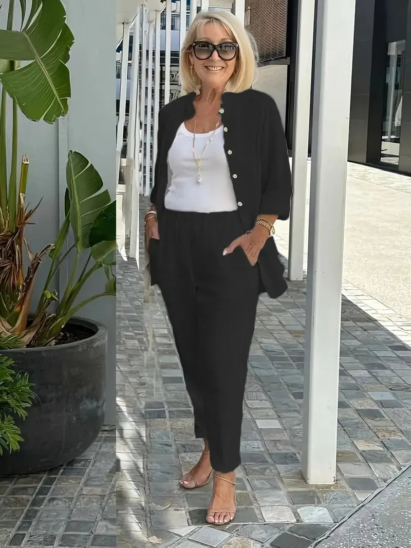 Long Sleeve Button Shirt &Minimalist Solid Two-piece Set