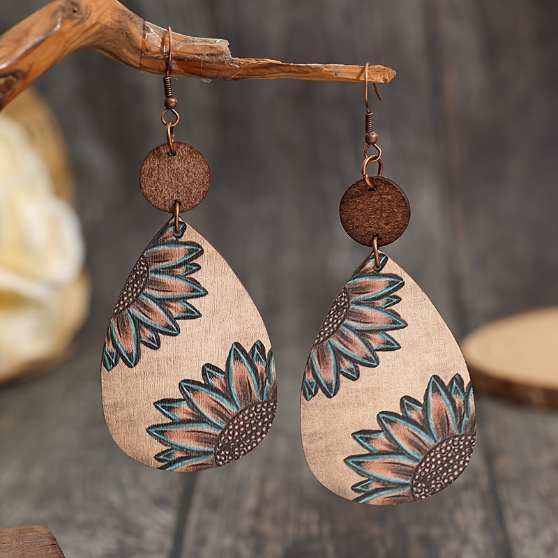 Unique Droplet Shape Wooden Dangle Earrings - Retro Bohemian Style, Sunflower Print, Trendy Female Ear Ornaments with Natural Wood Grain and Hypoallergenic Posts for Sensitive Skin - Perfect for Everyday Wear and Gift Giving