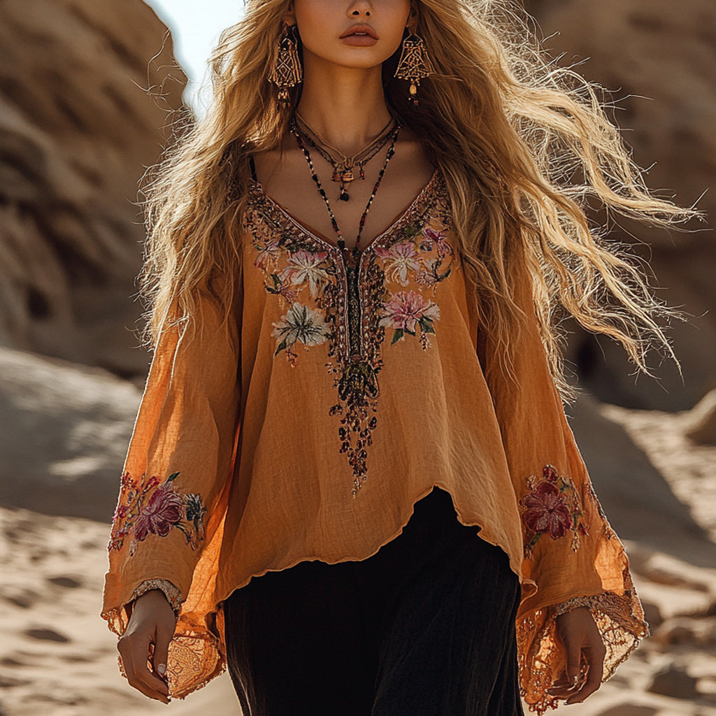 Desert Style Holiday Bohemian Vintage Linen Casual Top