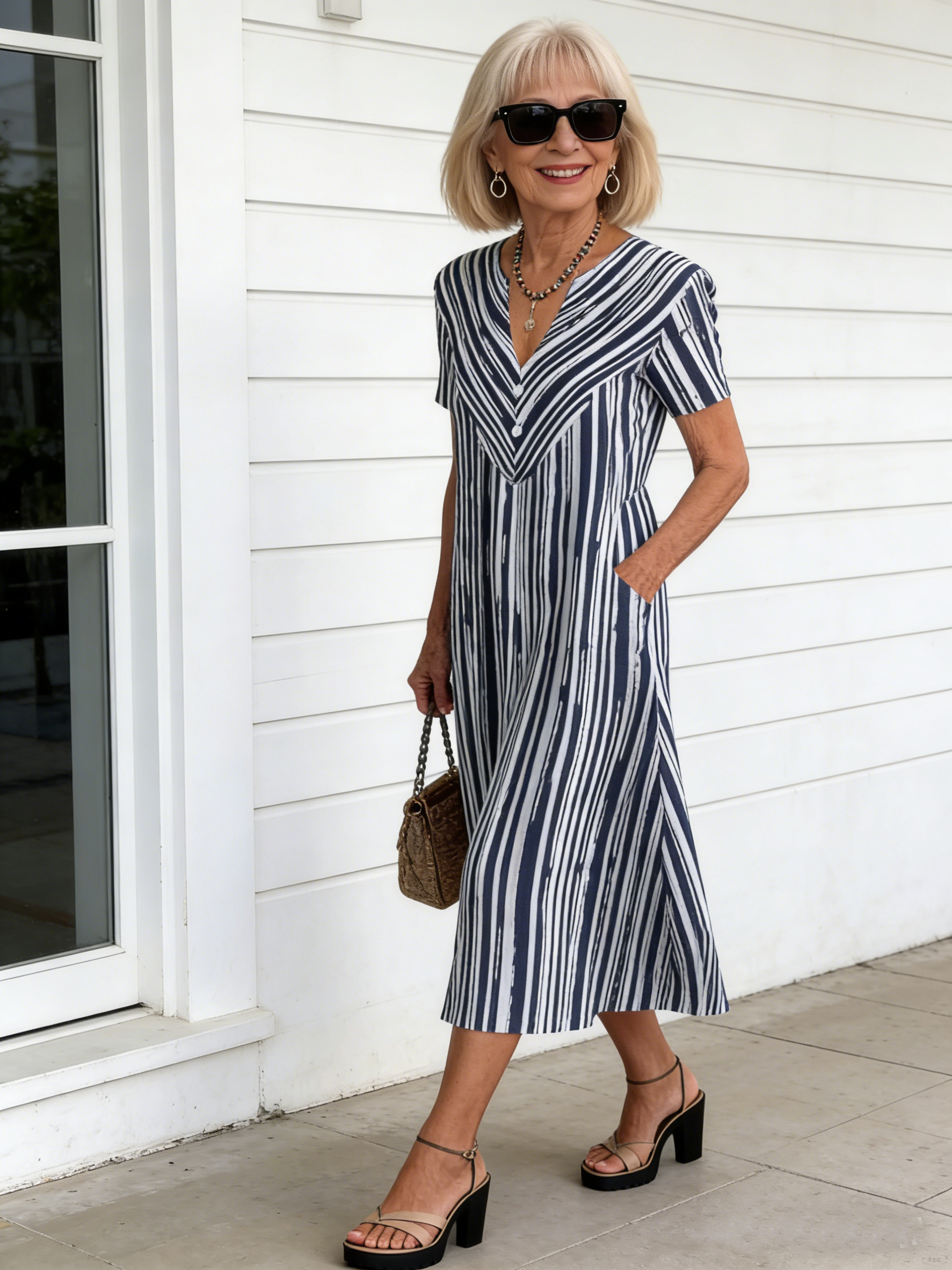 Positioning Printed Button Medium Sleeve Dress