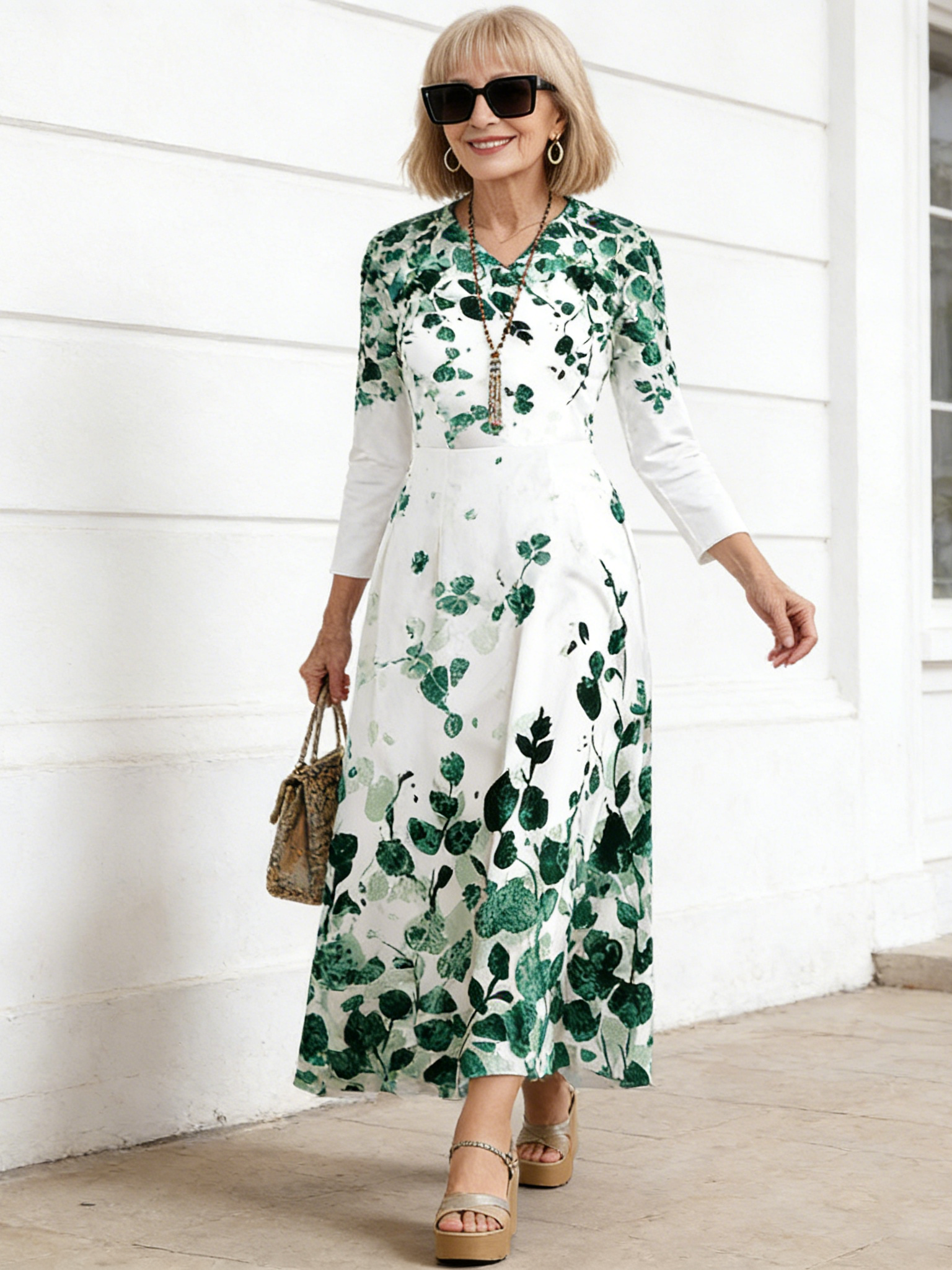 Flower Print V-neck 9-point Sleeve Casual Swing Skirt