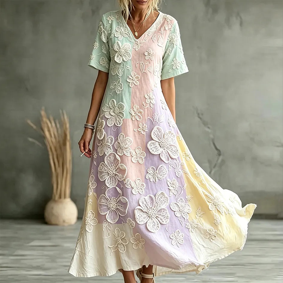 Colorful Color Design Flower Pattern Casual Linen Dress