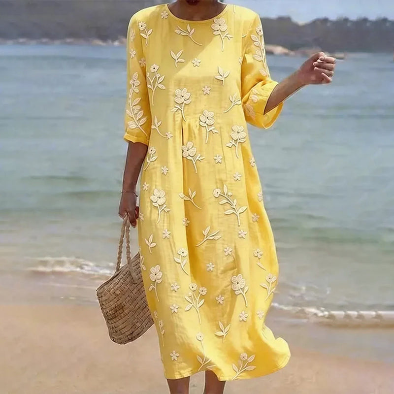Women's Floral Print Round Neck Linen Blend Casual Midi Dress