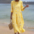 Women's Floral Print Round Neck Linen Blend Casual Midi Dress