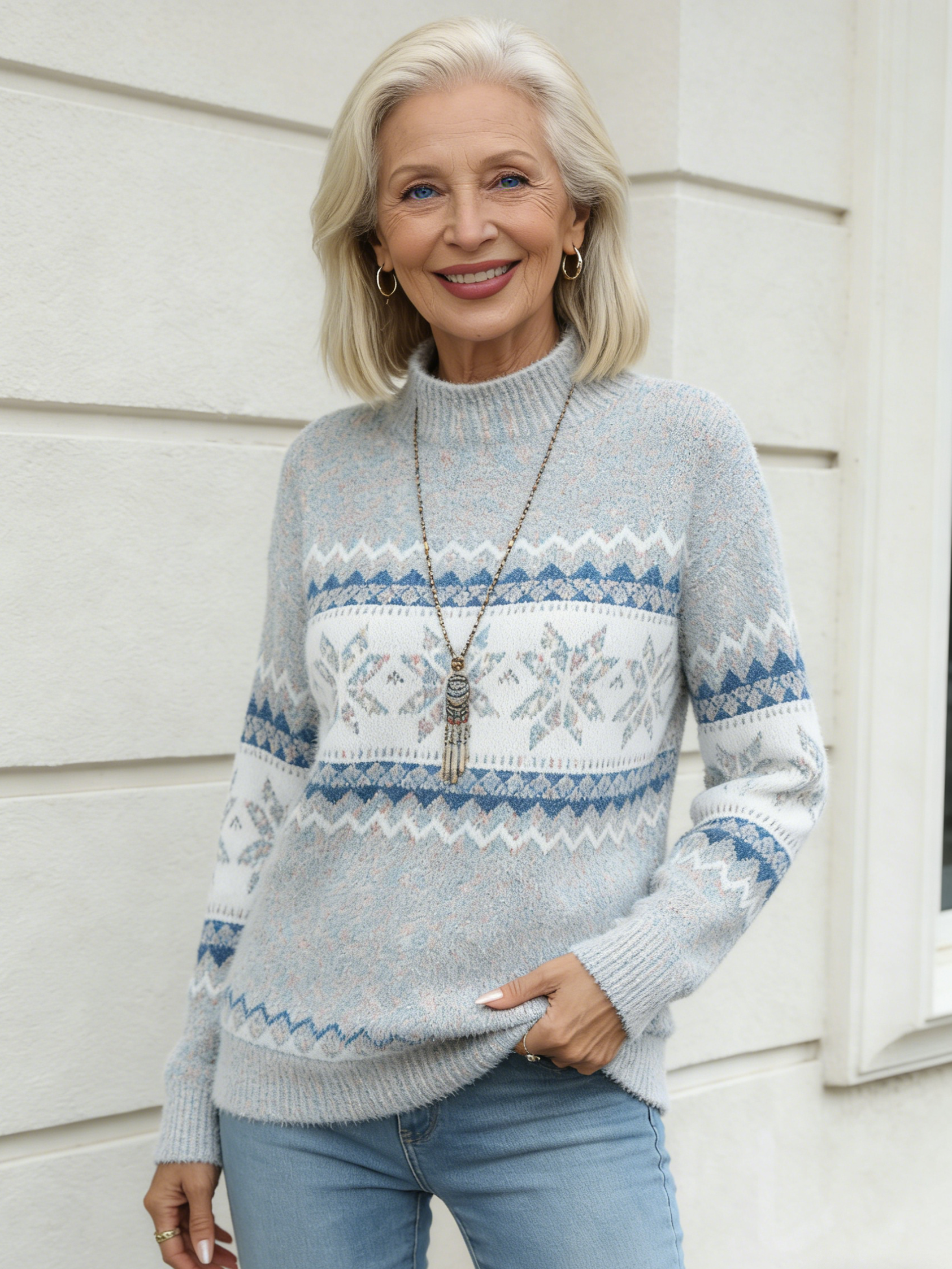 Chenier Christmas Knitted Sweater Autumn and Winter New Semi-turtleneck Snowflake Sweater Women