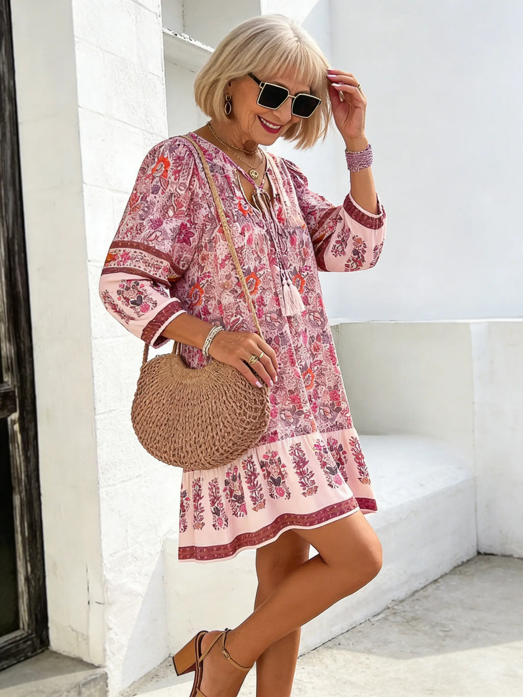 Vacation Dress Printed Shirt Casual Bohemian Vacation V-Neck Dress
