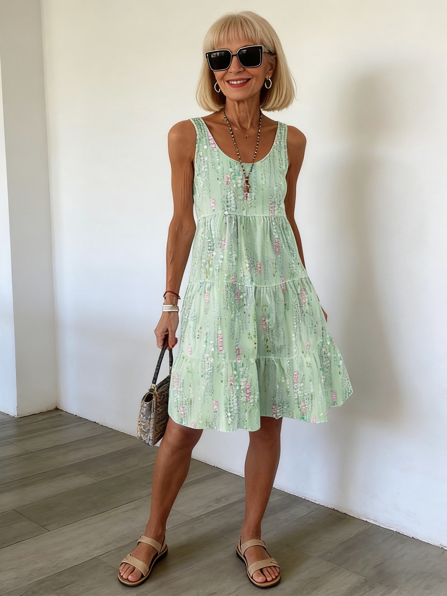Floral Print Loose Round Neck Sleeveless Shuttle Medium and Long Dress