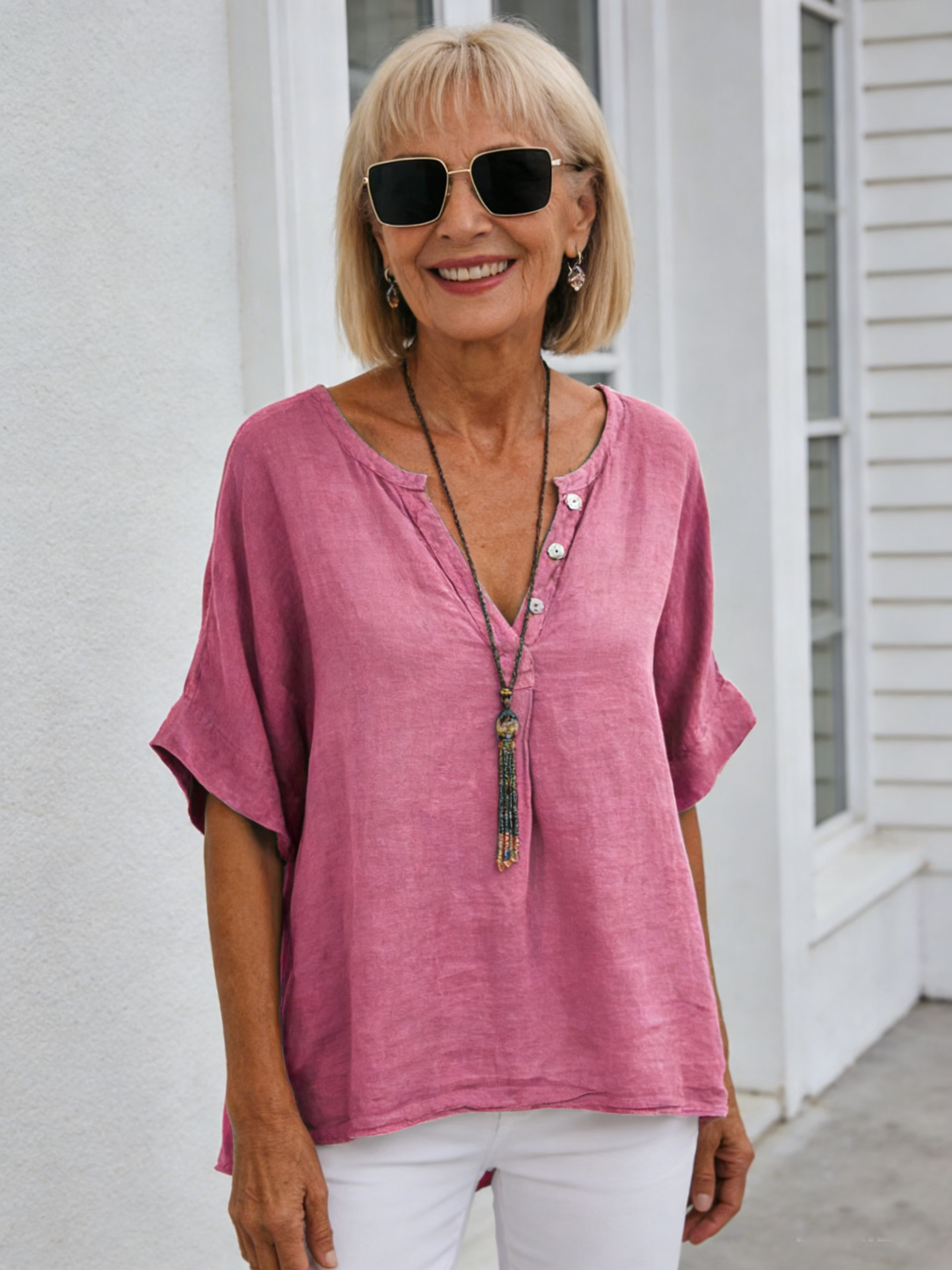 Cotton and Linen Casual Loose Fashion Medium Sleeve Solid Color Door Tube V-neck Button Shirt