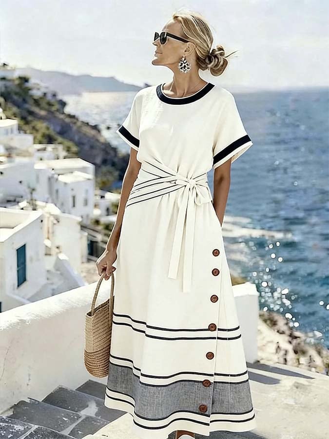 Women'S Casual Color-Block Striped Dress