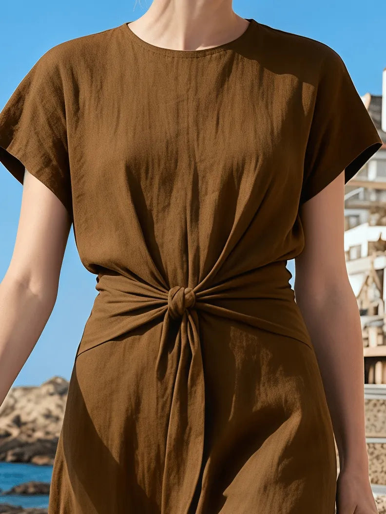 Women's Round Neck Pleated Short-Sleeved Dress