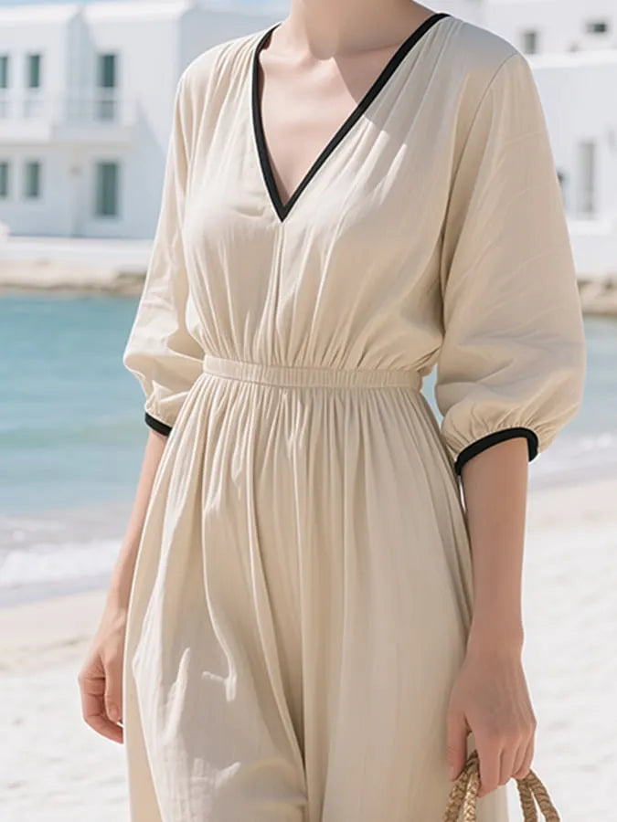Women's Summer Cotton&Linen V-Neck Dress