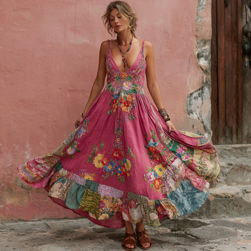 Women's Bohemian Floral Embroidery Art Print Slip Maxi Dress