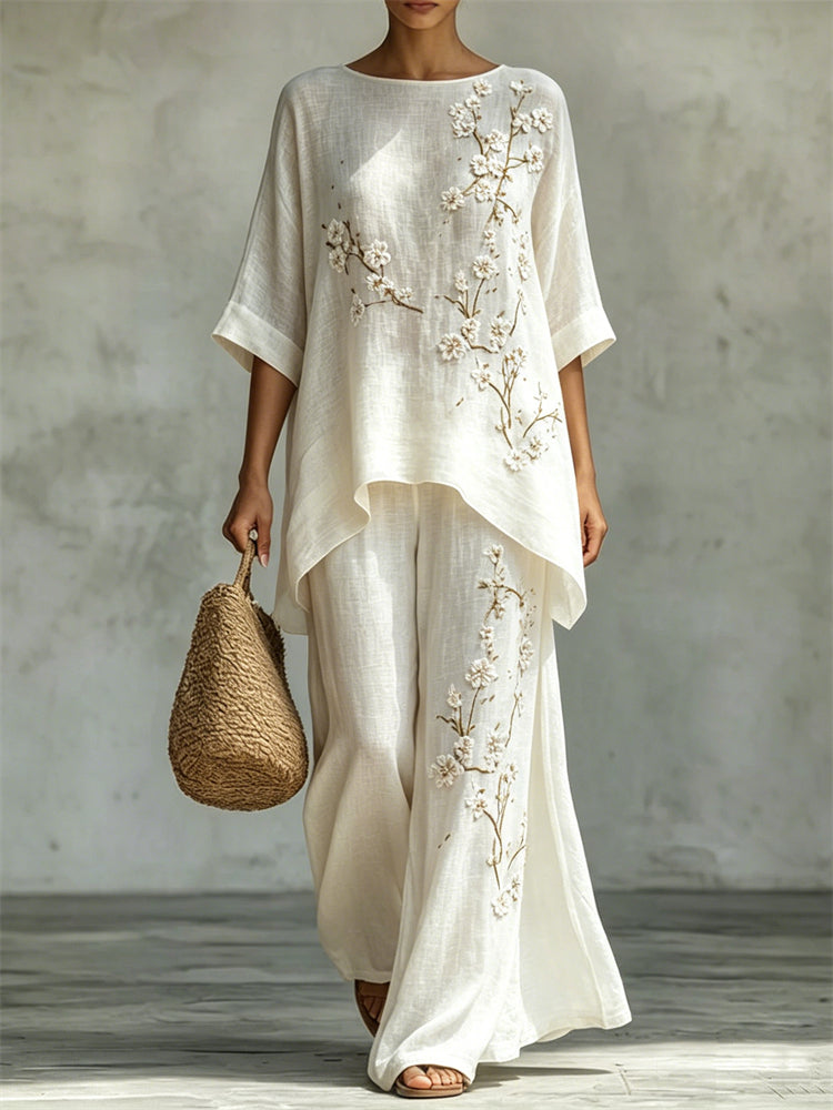 Classy White Almond Blossom Flowy Linen Tunic & Wide Leg Pants Set