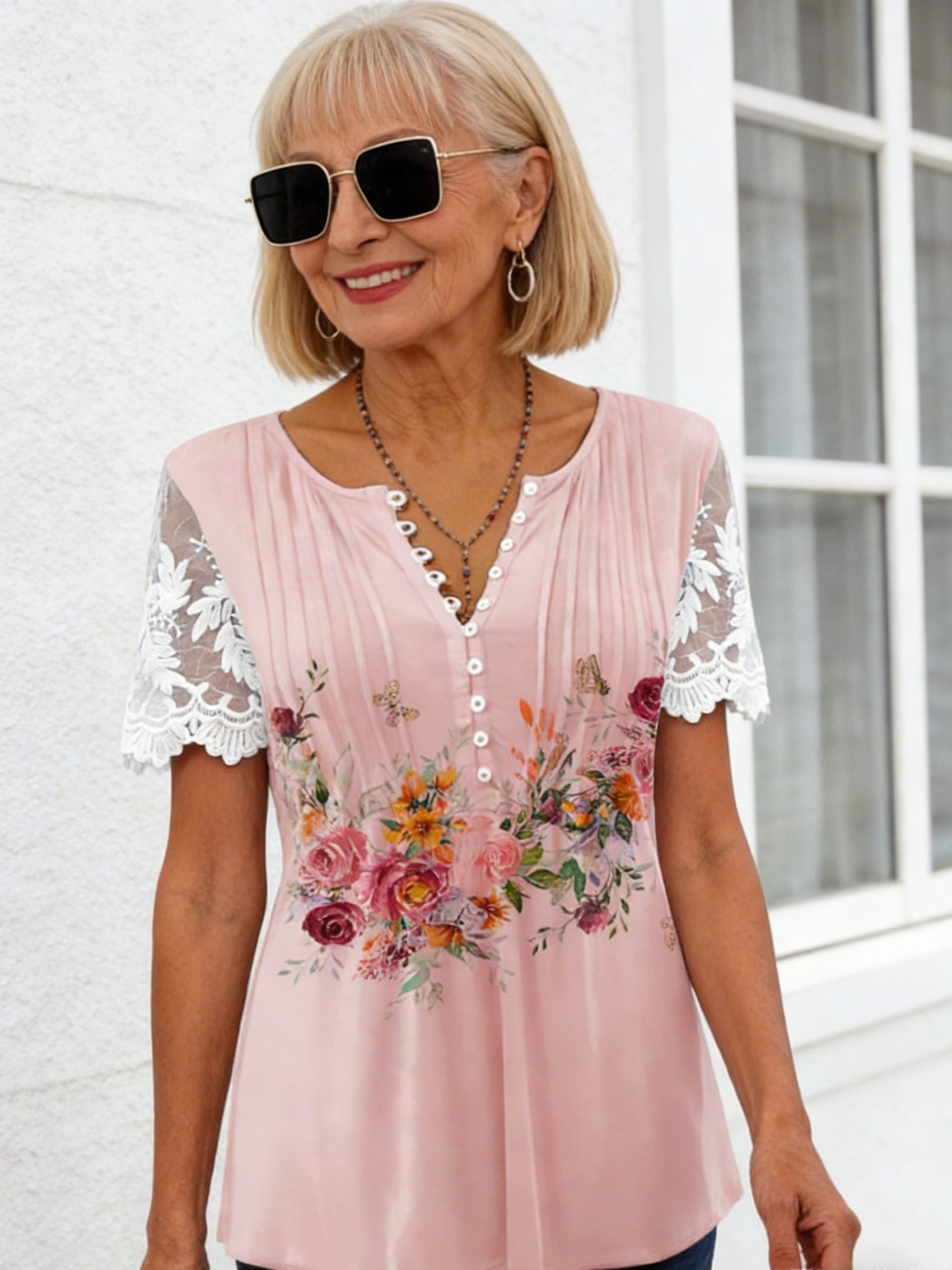 Floral Print Pleated Button Lace Sleeve Women's T-Shirt