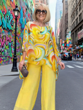 2Pcs Color Chiffon Set Casual Crew Neck Printed Two-piece Set Women