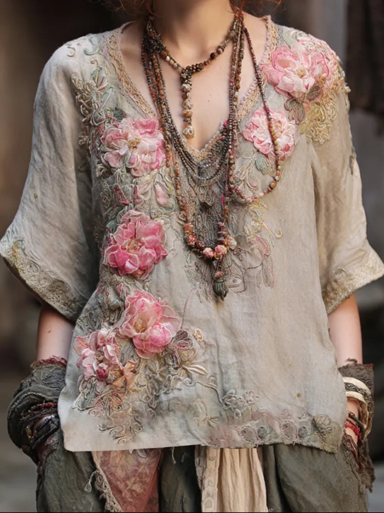 Bohemian Style Pink Flower Three-dimensional Vine Vintage Cotton And Linen V-neck Short-sleeved Shirt