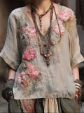 Bohemian Style Pink Flower Three-dimensional Vine Vintage Cotton And Linen V-neck Short-sleeved Shirt
