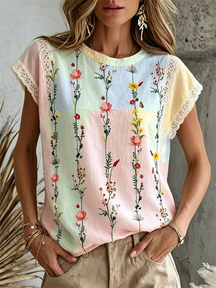 Women's Floral Art Lace Patchwork Casual Cotton Linen T-shirt
