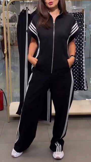 Black Stripe Side Zip‐Up Jumpsuit