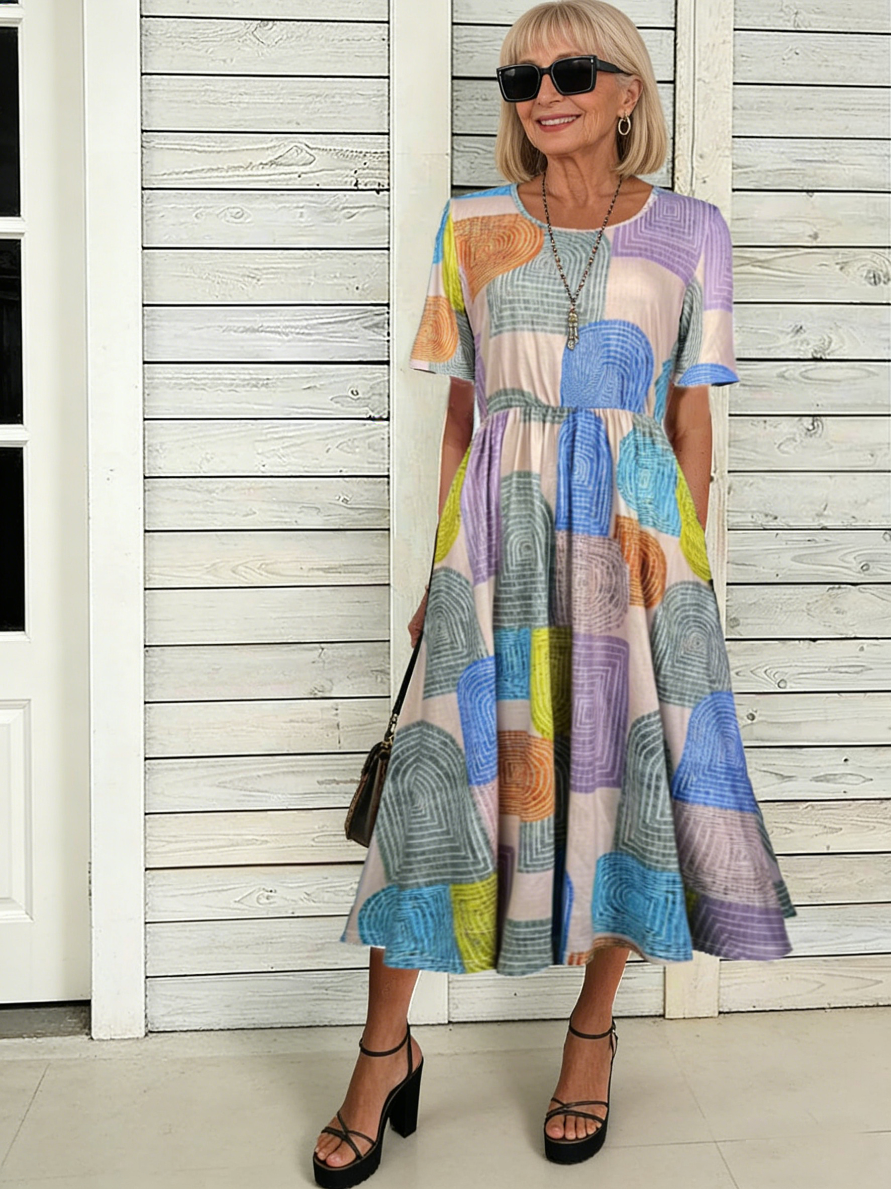 Flower Print Half Sleeve V-Neck Tunic Dress
