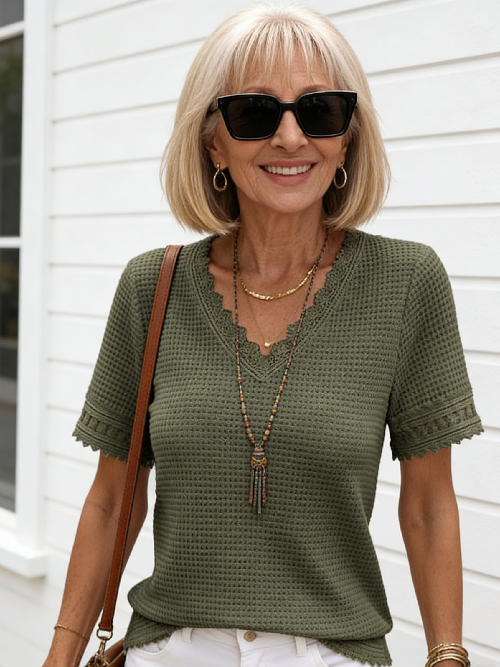 Textured Fabric V-Neck Casual Waffle Grace Lace Stitching Short Sleeve Top T