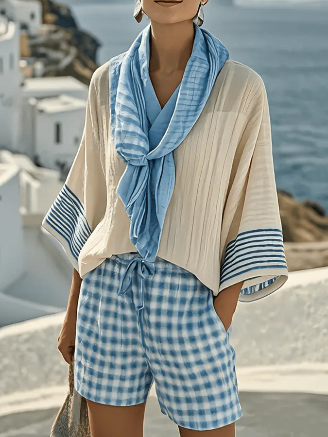 Women'S Loose Striped Scarf Holiday Shorts Set
