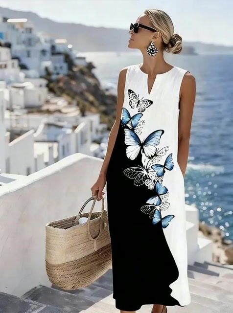 Women'S Casual Color-Block Cotton And Linen Dress