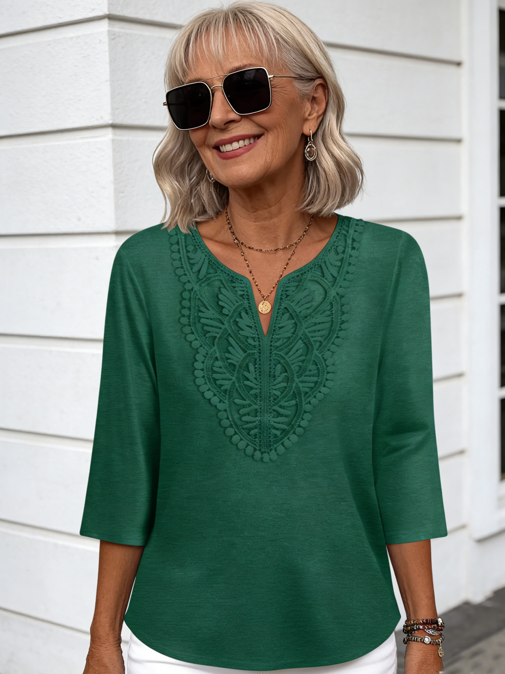 V-neck Lace Splicing Loose Women's Solid Color Seven-quarter Sleeve T-shirt Top Solid Color