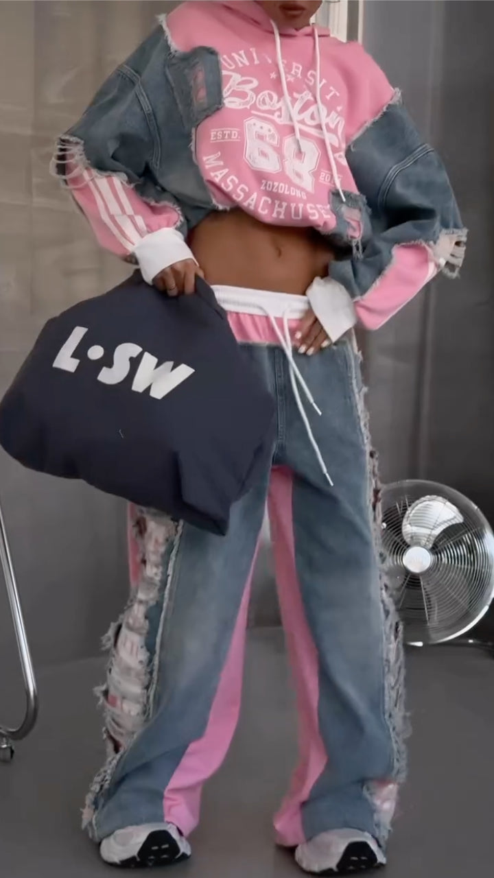 Denim Patchwork Hoodie & Wide Leg Jeans Two Piece Set