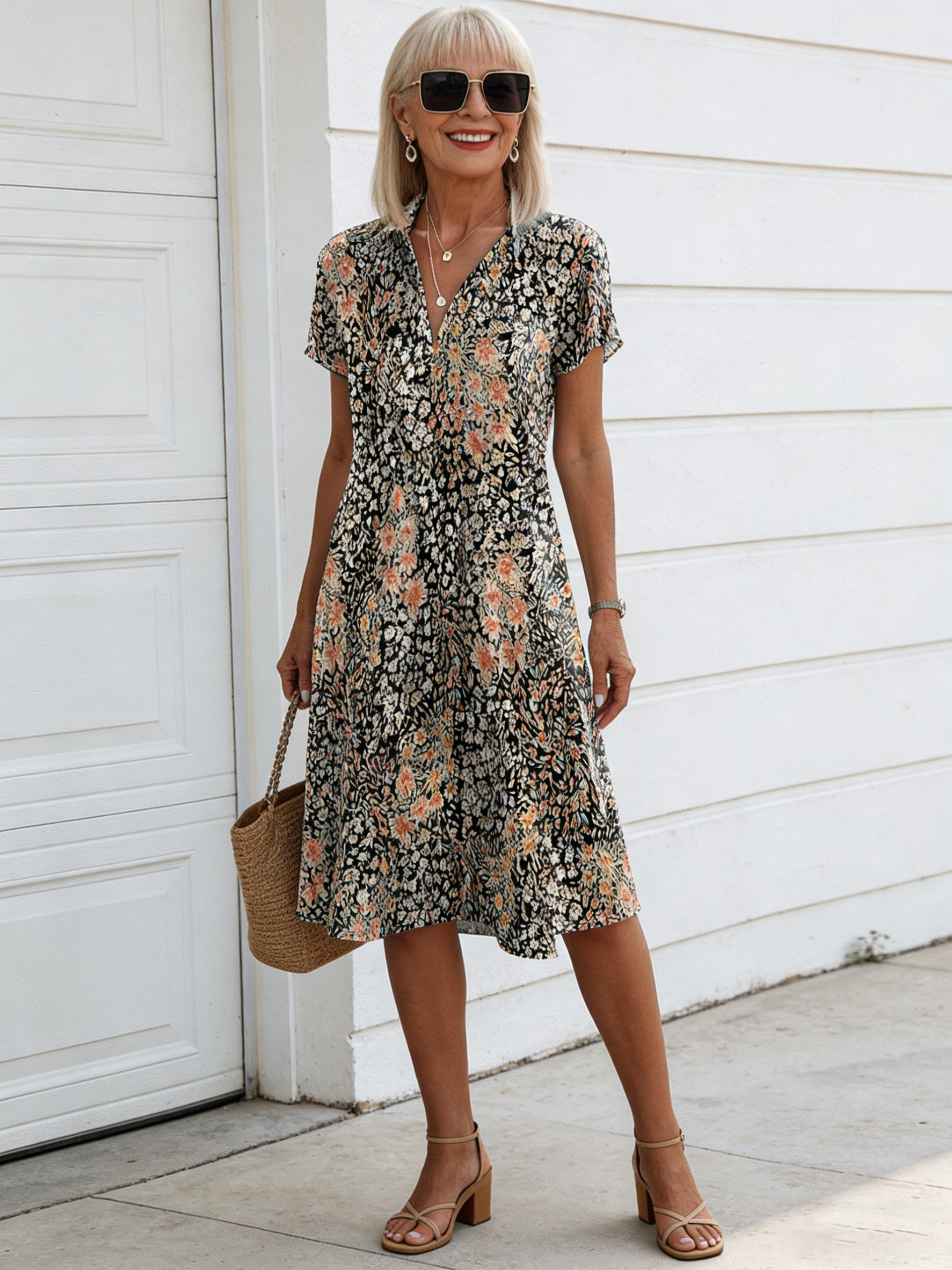 Short Sleeve Printed Casual V-Neck Dress