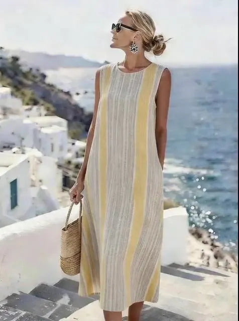 Women'S Round Neck Sleeveless Color-Block Printed Dress