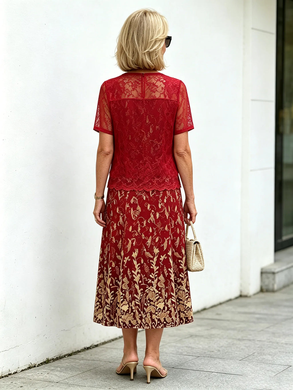Red Gold Floral Lace Fake Two-Piece Midi Dress, Round Neck Short Sleeve Slimming Elegant Dress for Elderly Women