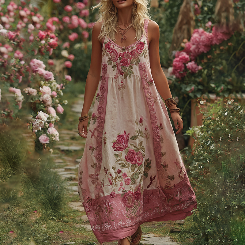 Women's Vintage Floral Embroidery V Neck Tank Midi Dress