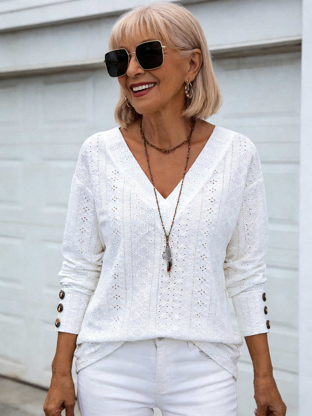 Textured Fabric Casual V-Neck Long Sleeve Button Hollow Lace Embroidered Shirt