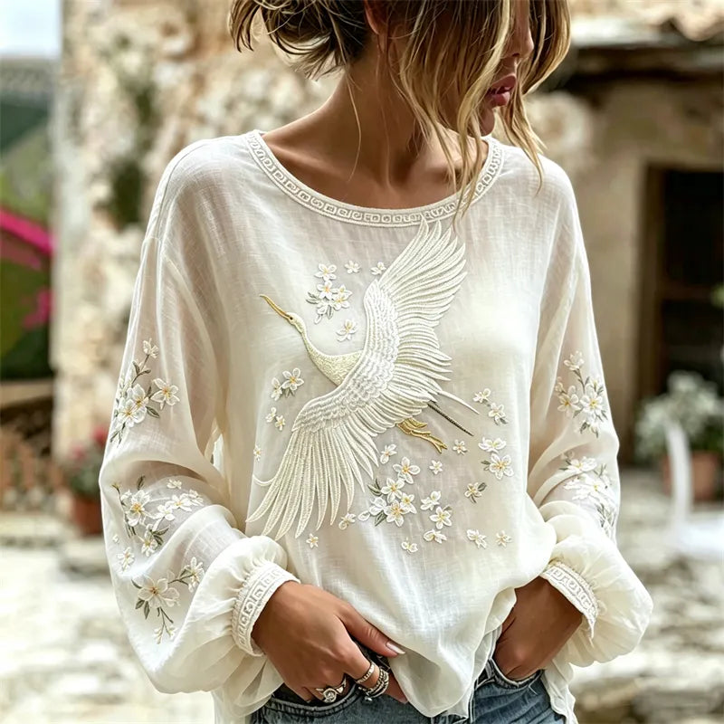 Classy Japanese Cranes & Flowers Flowy Linen Tunic