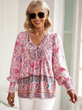 Bohemian Shirt Printed V-Neck Lace-Up Long Sleeve Top Shirt Women's Loose