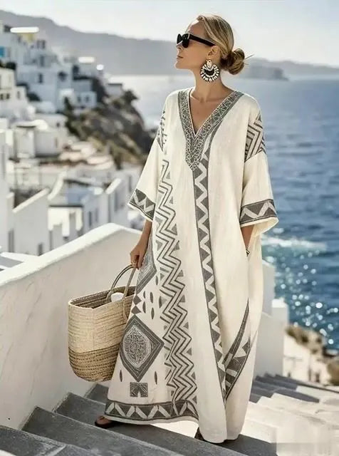 Women'S Casual Color-Block Cotton And Linen Dress