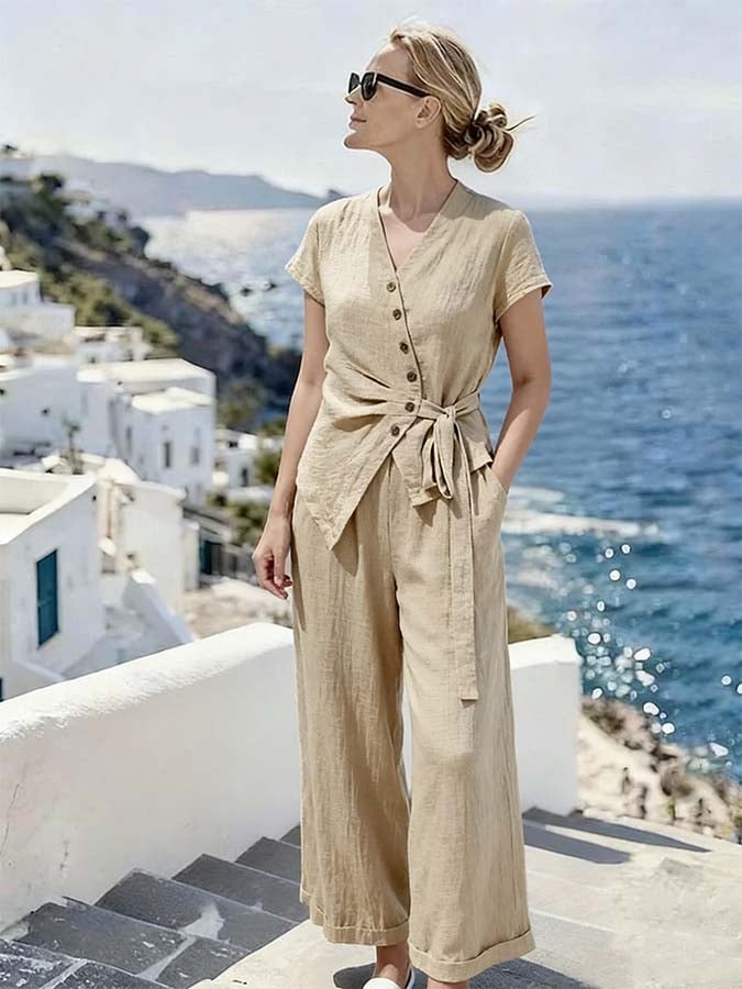 Women'S Casual Solid-Color Shirt And Button-Up Pants Set