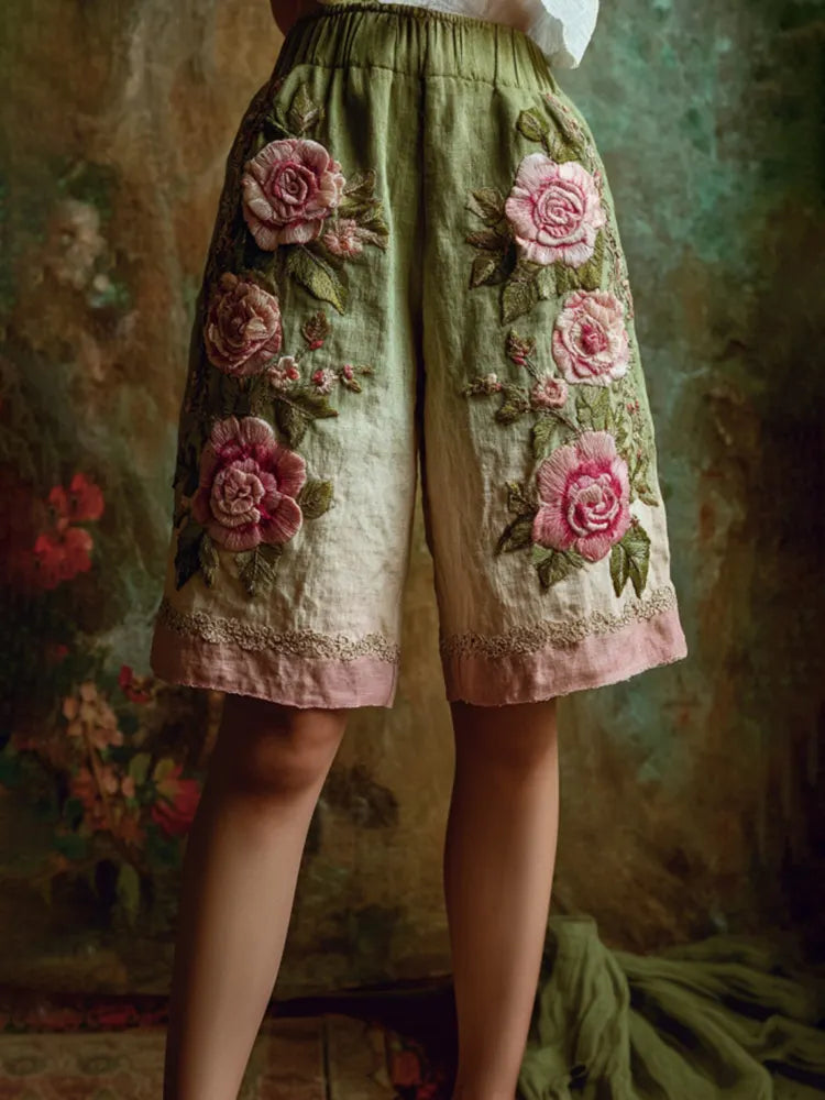 Women's Rose Floral Gradient Waist Elastic Pocket Shorts