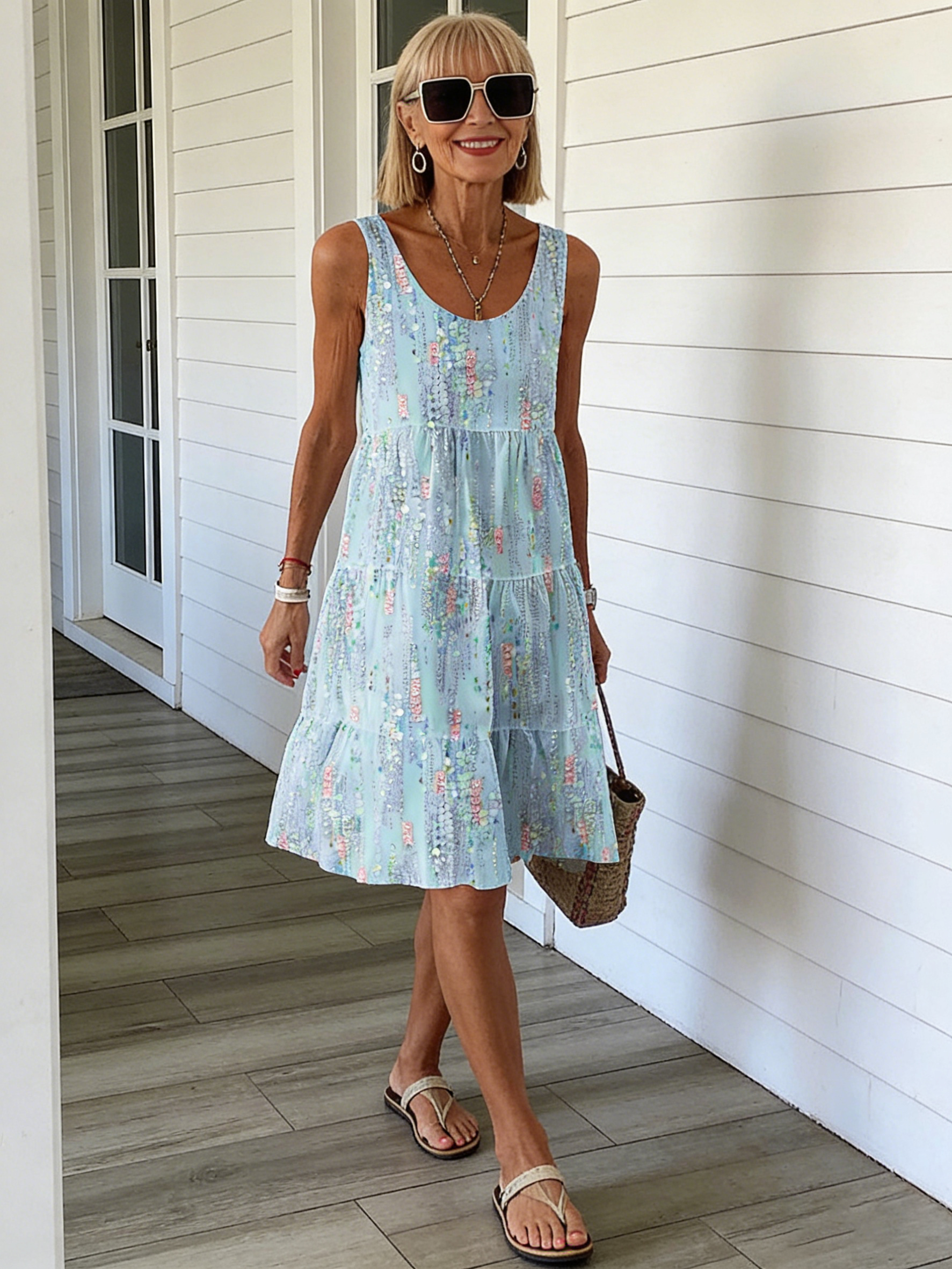 Floral Print Loose Round Neck Sleeveless Shuttle Medium and Long Dress