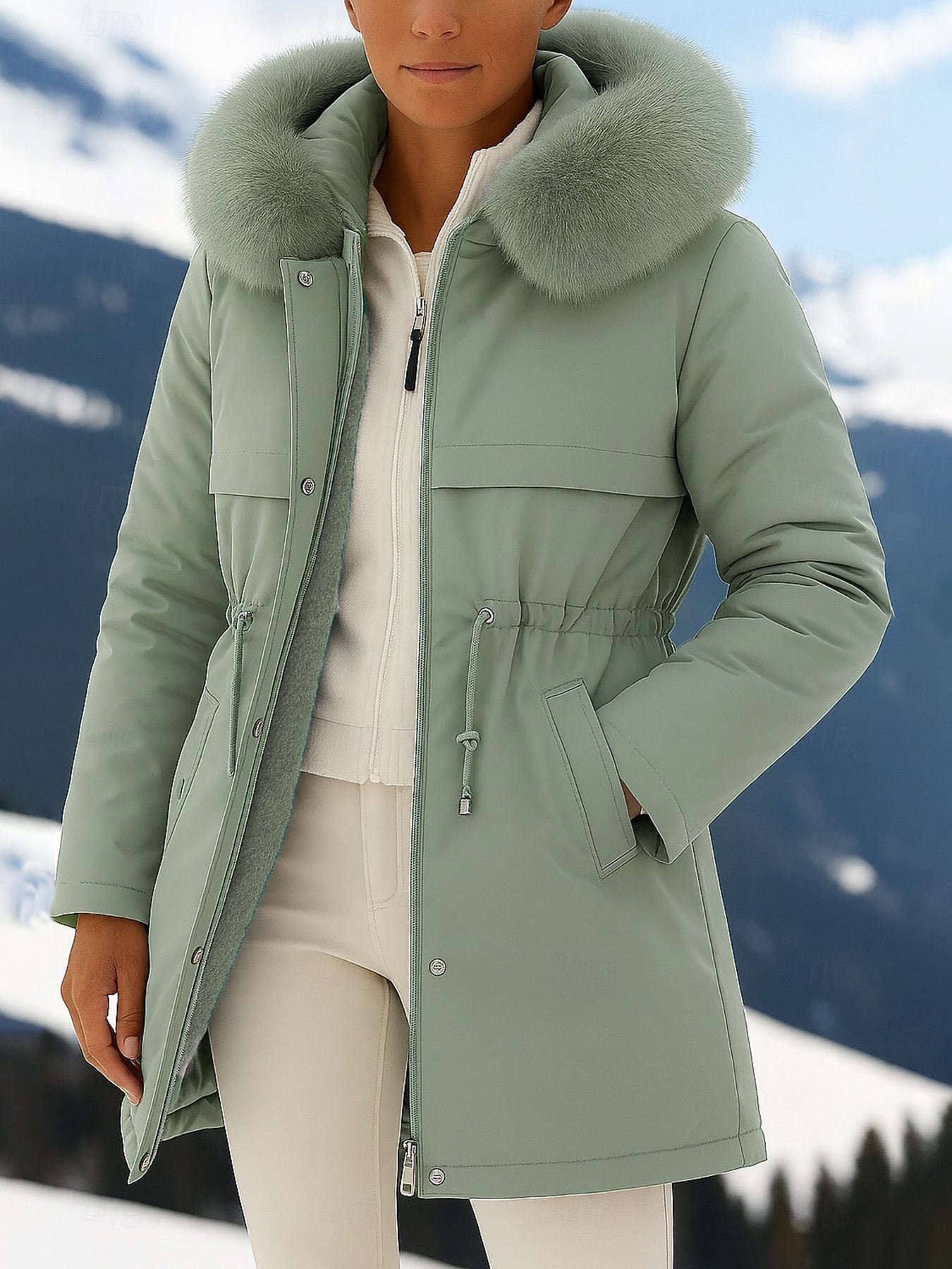 Outfits Cotton-padded Jacket Medium and Long, Large Fur Collar, Down Cotton-padded Jacket, Down Cotton-padded Jacket.