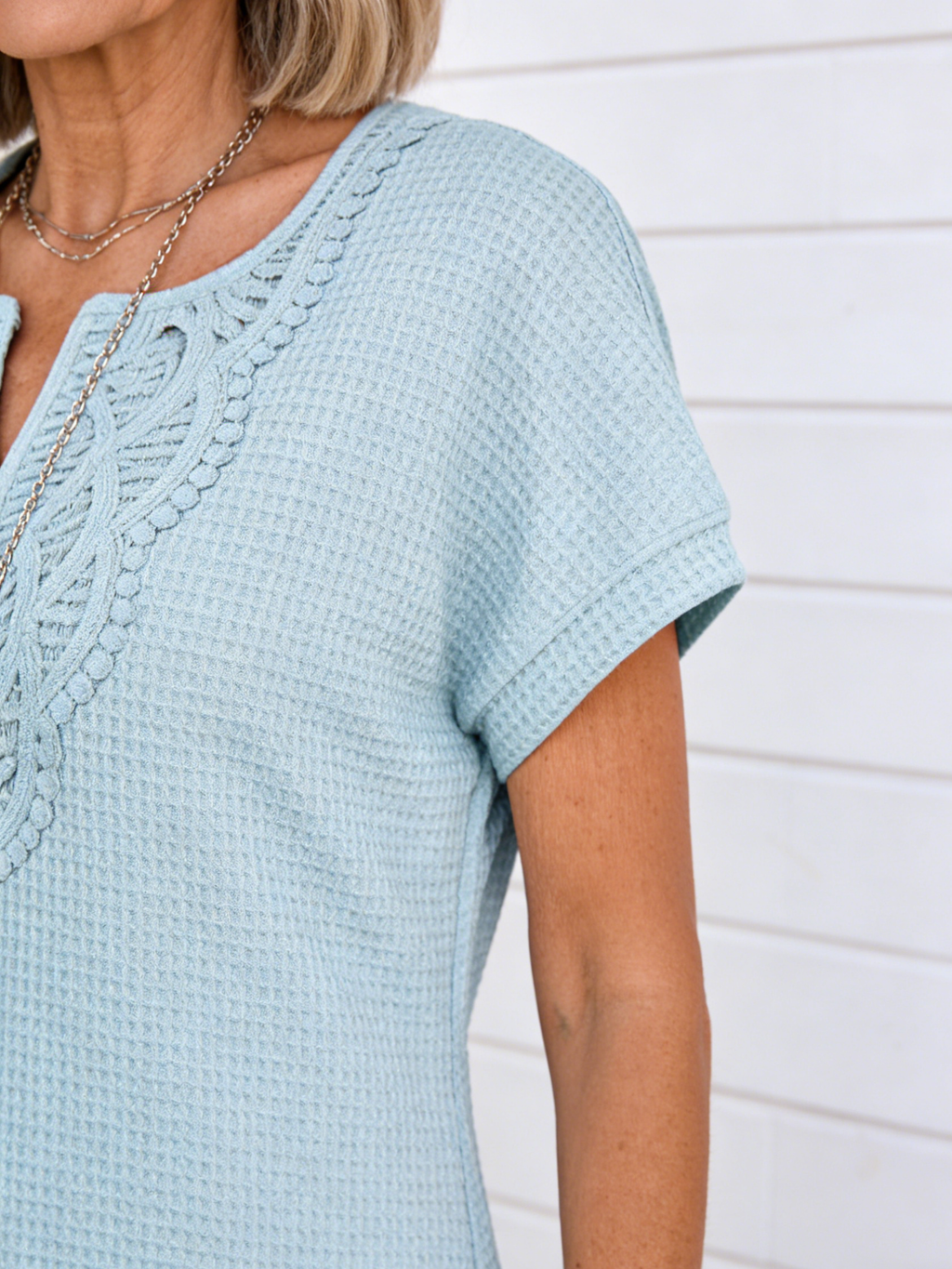 Textured Fabric Waffle Lace V-Neck Short Sleeve Casual Blouse Dress Women