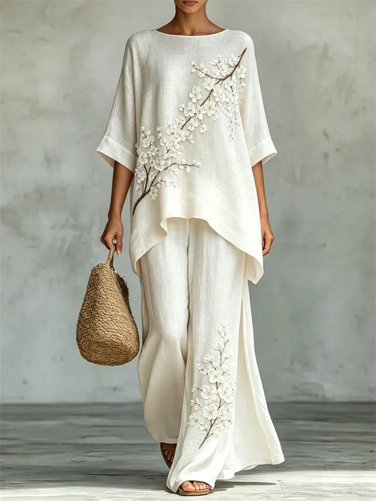 Classy Almond Blossom Flowy Linen Tunic & Wide Leg Pants Set